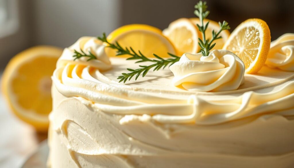 A beautifully lit, close-up photograph of an exquisitely decorated lemon cake. The foreground features delicate lemon-infused frosting, meticulously piped into elegant swirls and rosettes. Sliced lemon wedges and sprigs of fresh thyme adorn the top, creating a vibrant, citrus-inspired arrangement. The middle ground showcases the moist, golden crumb of the cake, inviting the viewer to imagine its mouthwatering flavor. The background is softly blurred, allowing the cake to take center stage and exude a sense of refined, yet approachable, sophistication. Crisp, natural lighting casts gentle shadows, emphasizing the textural details and creating a warm, appetizing atmosphere.