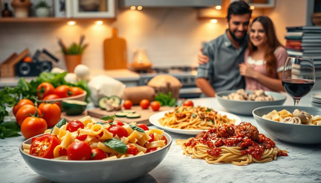 A beautifully lit kitchen countertop showcasing an assortment of family-friendly pasta recipes. In the foreground, a large bowl of freshly made pasta features vibrant tomatoes, basil, and garlic. Beside it, a cutting board displays chopped bell peppers, zucchini, and mushrooms - perfect for a vegetable-packed pasta dish. In the middle ground, a plate of spaghetti with meatballs takes center stage, its rich tomato sauce glistening. Across the counter, a breadbasket and a glass of red wine create a cozy, Italian-inspired ambiance. Warm, golden lighting fills the space, casting a welcoming glow. In the background, a stack of cookbooks and a happy family member sharing a moment together complete the scene, exuding a sense of nourishment and togetherness. - Penne pasta with roasted vegetables - Linguine with clams and white wine sauce - Rigatoni with Italian sausage and marinara - Tortellini in creamy mushroom sauce
