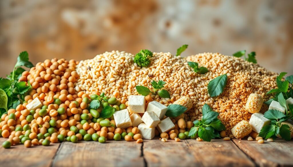 A bountiful still life arrangement showcasing a variety of vibrant, plant-based protein sources. In the foreground, an array of lentils, chickpeas, edamame, and tofu cubes artfully arranged on a rustic wooden table. In the middle ground, clusters of quinoa, farro, and bulgur wheat, interspersed with fresh herbs like parsley, basil, and cilantro. The background features a blurred, earthy backdrop, with soft, natural lighting casting a warm, inviting glow over the scene. The overall composition exudes a sense of abundance, nourishment, and plant-based culinary delight.