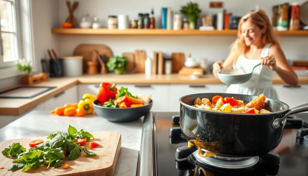 A bright and airy kitchen, natural light streaming in. In the foreground, a cutting board with freshly chopped vegetables - vibrant bell peppers, crisp carrots, and juicy tomatoes. Beside it, a sizzling pan on the stovetop, with olive oil glistening. - Ground turkey - Fresh basil - Whole grain pasta - Grated Parmesan On the counter, a friend mixes a creamy sauce in a bowl, smiling as they work. In the background, shelves neatly organized with spices, cookbooks, and other essential ingredients. A sense of effortless preparation and shared enthusiasm for a "Quick Dinner Hacks for Success".