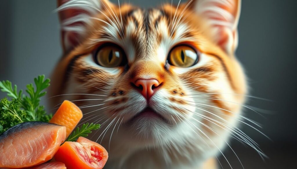 A close-up, hyper-realistic photograph of a cat's face, shot with a high-resolution DSLR camera and a macro lens. The cat's fur is meticulously detailed, showcasing its soft, fluffy texture and vibrant colors. The cat's eyes are wide open, conveying a sense of curiosity and intelligence. The lighting is soft and directional, casting subtle shadows that accentuate the cat's facial features. The background is blurred, creating a shallow depth of field that focuses the viewer's attention solely on the cat's nutritional needs, represented by various healthy cat food ingredients such as fish, meat, and vegetables surrounding the cat's face.