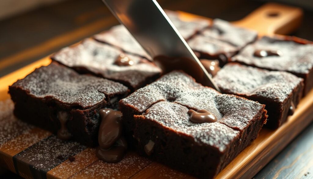 A close-up shot of a freshly baked tray of hot fudge brownies being sliced, revealing a decadent, gooey interior. The brownies are nestled on a wooden cutting board, dusted with powdered sugar. Warm light from the side illuminates the rich, chocolate hues and glossy fudge dripping down the sides. The camera angle is slightly elevated, capturing the preparation process in a mouthwatering, appetizing manner. The overall mood is indulgent, inviting the viewer to imagine the irresistible aroma and flavor of this homemade treat.