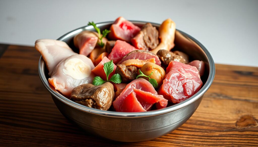 A close-up shot of a silver metal bowl filled with various raw meat pieces and organs, such as chicken, liver, and heart, arranged in an appetizing display. The bowl is set on a wooden surface, with a neutral background that allows the vibrant colors of the raw ingredients to stand out. The lighting is soft and natural, accentuating the textures and sheen of the raw food. The overall composition conveys a sense of wholesomeness and nutritional value, highlighting the appeal of a homemade raw cat food diet.