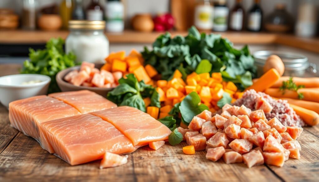 A close-up shot of various novel cat food ingredients arranged on a rustic wooden table. In the foreground, fresh salmon fillets, diced chicken liver, and lamb heart pieces are neatly displayed. In the middle ground, a variety of leafy greens, including kale and spinach, as well as chopped sweet potatoes and carrots, create a vibrant color palette. The background features a softly blurred kitchen counter, with a few jars of supplements and herbs visible. The lighting is warm and natural, creating a welcoming and appetizing atmosphere for the unique, hypoallergenic cat food recipes.