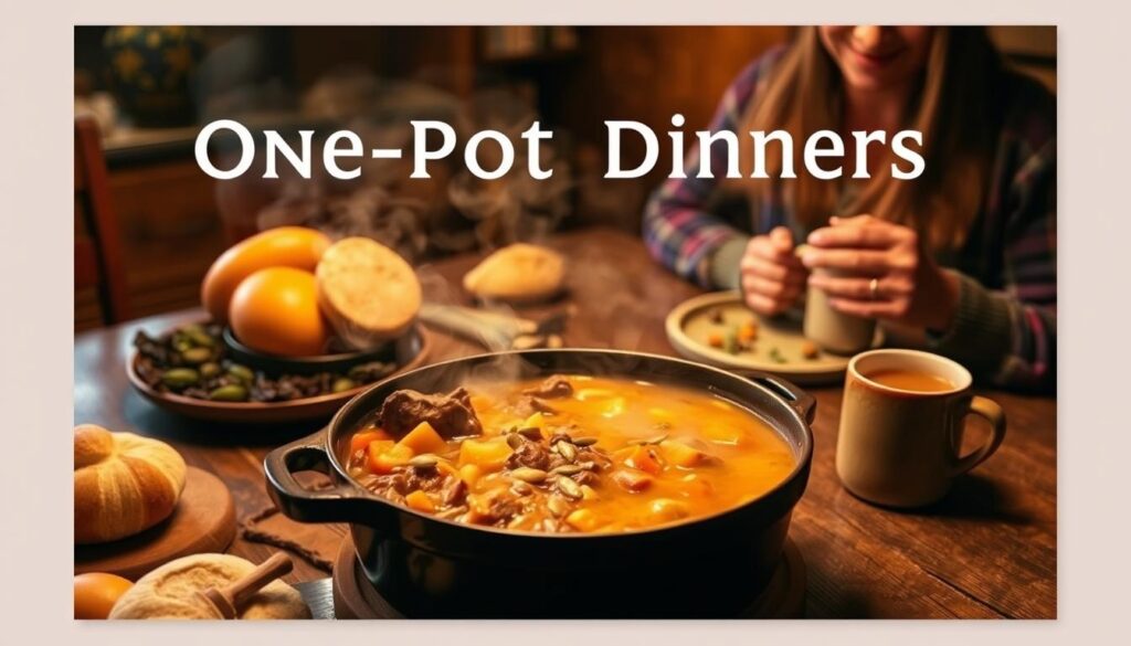 A cozy autumn kitchen, warm amber lighting illuminating a rustic wooden table. In the center, a steaming cast-iron pot filled with a hearty seasonal one-pot dish: - Tender beef stew with carrots, potatoes, and fragrant herbs - Creamy butternut squash soup, garnished with toasted pumpkin seeds - Simmering chicken and dumplings, comfort food at its finest A scattering of fresh bread rolls and a mug of hot cider complete the scene. A friend sits nearby, eagerly awaiting a delicious, nourishing meal. This image captures the essence of Seasonal One-Pot Dinners: Comfort Every Season.