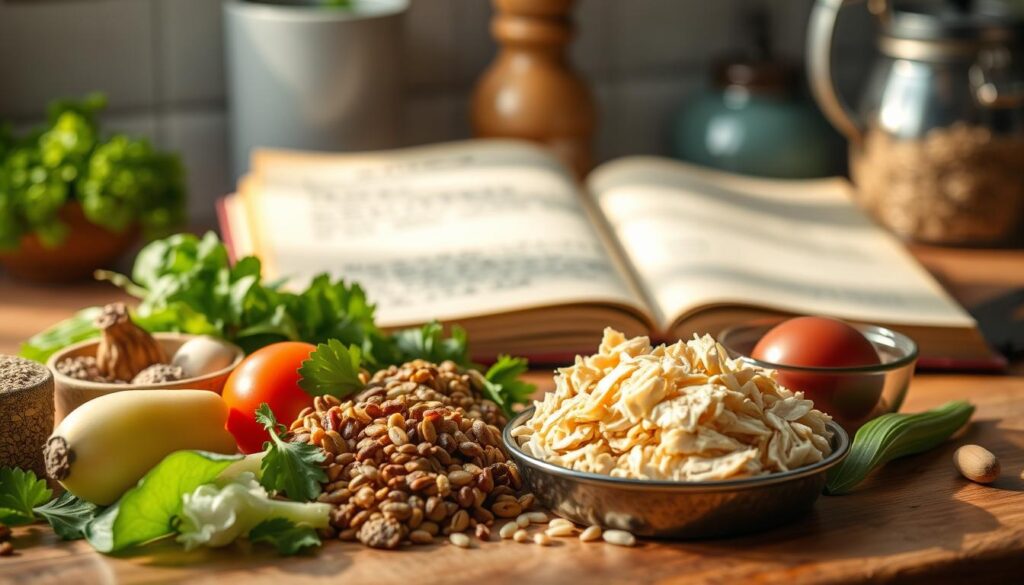 A cozy kitchen counter with an assortment of homemade senior cat food ingredients arranged neatly. Fresh vegetables, whole grains, and high-quality protein sources like shredded chicken or fish take center stage, bathed in warm, natural lighting. In the background, a vintage recipe book lies open, showcasing handwritten notes and well-worn pages. The scene conveys a sense of care, attention to detail, and a dedication to providing a nutritious, homemade meal for an aging feline companion. The image is captured with a shallow depth of field, focusing the viewer's eye on the delectable ingredients and the love poured into this culinary creation.