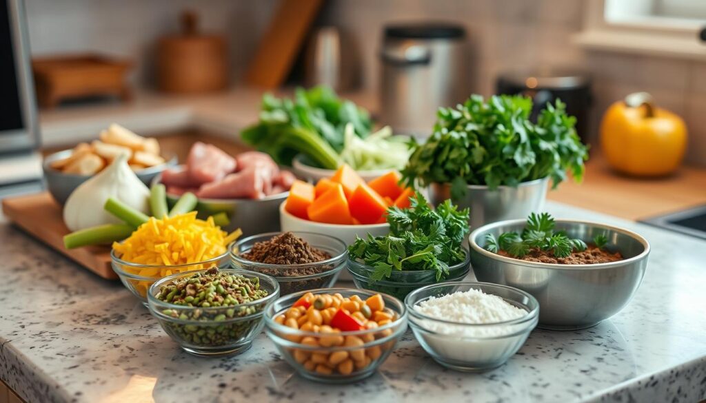 A cozy kitchen countertop showcasing an assortment of homemade cat food ingredients, including fresh meat, vegetables, and herbs. The ingredients are neatly arranged in small bowls, conveying a sense of care and attention to detail. Soft, warm lighting illuminates the scene, creating a welcoming and inviting atmosphere. The overall composition suggests a wholesome, natural, and healthy approach to feeding feline companions.