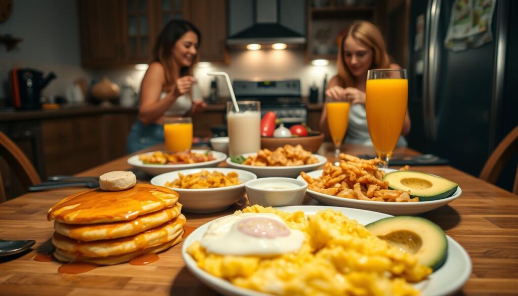 A cozy kitchen on a weeknight, soft lighting illuminating a scrumptious breakfast-for-dinner spread: - Fluffy pancakes drizzled with maple syrup, crisp bacon sizzling in the pan - A friend stirring a frothy milkshake, a tall glass of fresh-squeezed orange juice - Buttery scrambled eggs, crispy hash browns, and ripe avocado slices arranged artfully on the table A comforting, family-friendly scene, captured with a wide-angle lens to showcase the warmth and joy of an easy, satisfying weeknight meal.
