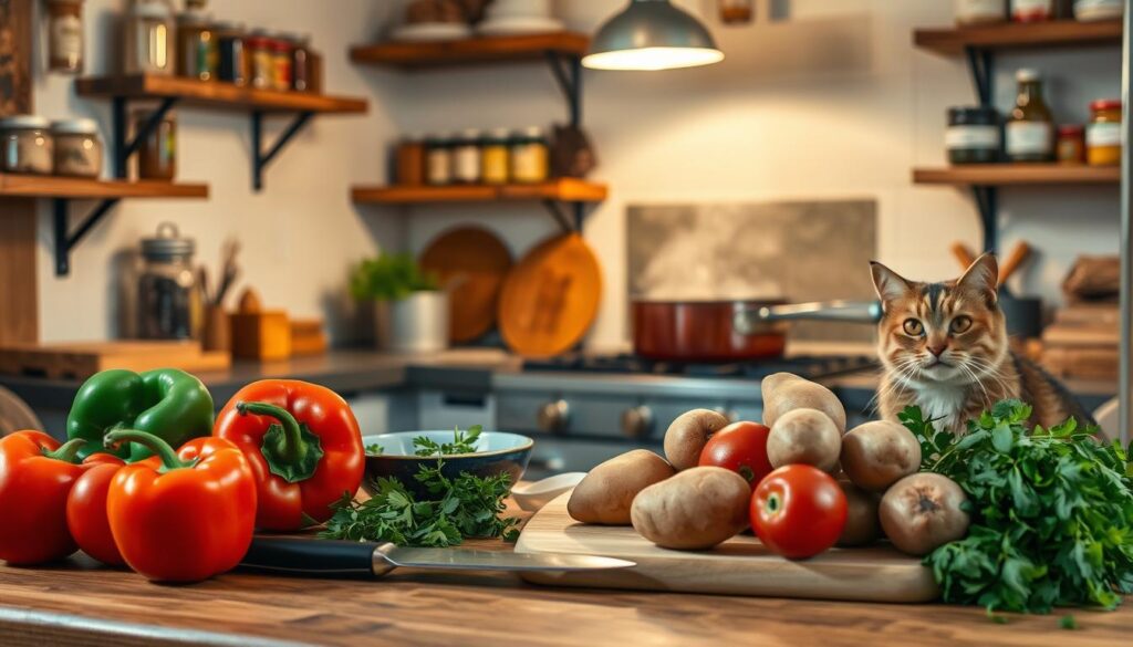 A cozy kitchen scene featuring an assortment of budget-friendly dinner ingredients. In the foreground, a wooden table holds a variety of colorful vegetables - crisp bell peppers, juicy tomatoes, and hearty potatoes. Beside them, a cutting board with a sharp knife and a bowl of fresh herbs. In the middle ground, a simmering pot on the stove, steam rising, hinting at a delicious, nourishing meal in the making. The walls are adorned with rustic shelves, holding jars of spices and canned goods, lending a homey, lived-in feel. Soft, warm lighting from a single pendant lamp casts a cozy glow, creating an inviting atmosphere. A friendly companion - perhaps a curious cat or a smiling friend - observes the scene, ready to lend a hand. This image exudes the comfort and simplicity of budget-friendly, yet flavorful, homemade dinners.