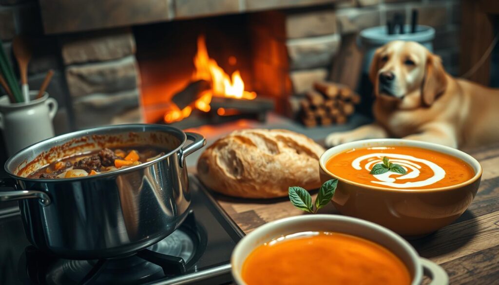 A cozy kitchen scene filled with the aroma of simmering soups and stews. In the foreground, a large pot of hearty beef stew, its rich broth simmering gently on the stovetop. Nearby, a bowl of creamy tomato soup, garnished with fresh basil and a swirl of crème fraîche. In the middle ground, a crusty loaf of bread, its golden crust beckoning to be torn and dipped. In the background, a warm, inviting fireplace casts a soft glow, while a furry companion, a golden retriever, lounges contentedly nearby. The lighting is soft and cozy, with a slight vignette effect, creating a comforting and inviting atmosphere. - Ingredients: carrots, potatoes, onions, celery, beef, tomatoes, herbs, crème fraîche - Hearty Beef Stew - Creamy Tomato Soup - Crusty Bread - Loyal Companion