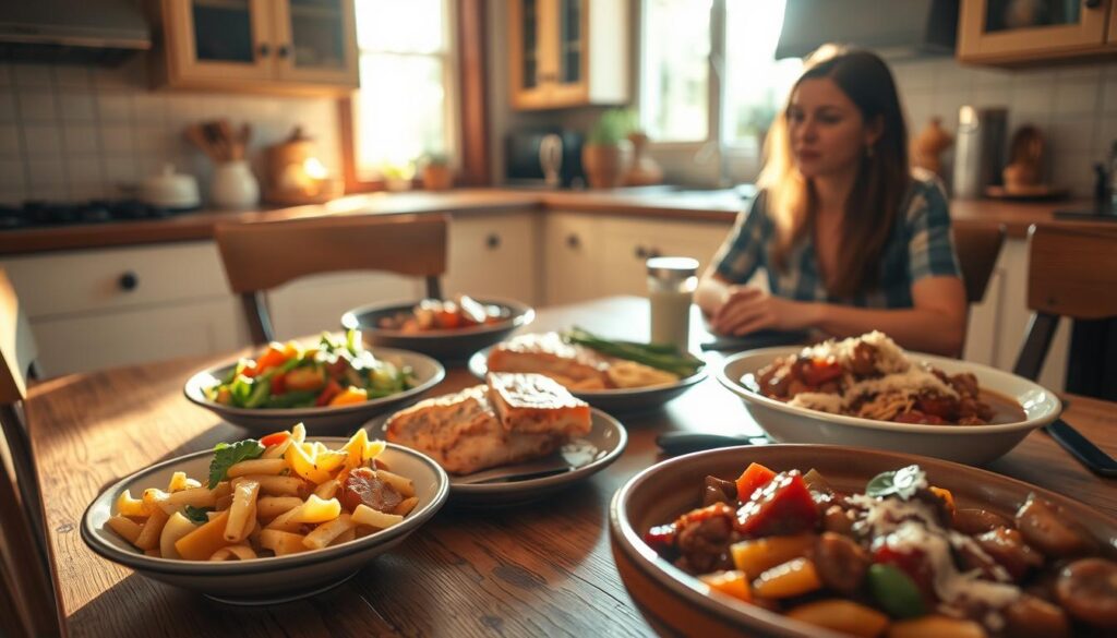 A cozy kitchen scene, illuminated by warm, natural light streaming through a window. In the foreground, a wooden table is set with a variety of tempting 30-minute dinner options: - Sizzling stir-fried vegetables with tender chicken - Baked salmon fillet with roasted asparagus and lemon - Hearty beef and vegetable stew in a rustic ceramic bowl - Creamy pasta dish with fresh basil and shredded parmesan A friend sits at the table, eagerly anticipating the delicious meal. The atmosphere is relaxed and inviting, showcasing quick, easy, and wholesome weeknight dinner ideas.