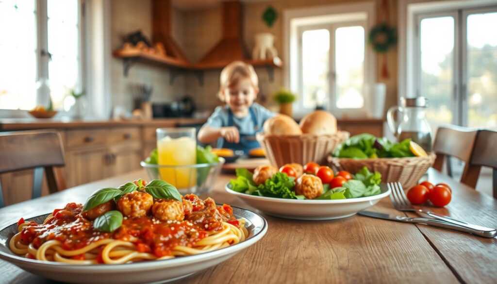 A cozy kitchen scene with a large wooden table set for a family meal. In the foreground, a delicious-looking pasta dish with tomato sauce, meatballs, and fresh basil, alongside a salad with vibrant greens and cherry tomatoes. On the table, a basket of warm bread and a pitcher of lemonade. In the middle ground, a young child helping to prepare the meal, their face alight with excitement. The background features bright, natural lighting streaming in through large windows, creating a warm and inviting atmosphere. The scene conveys a sense of simplicity, togetherness, and the joy of shared, homemade meals.