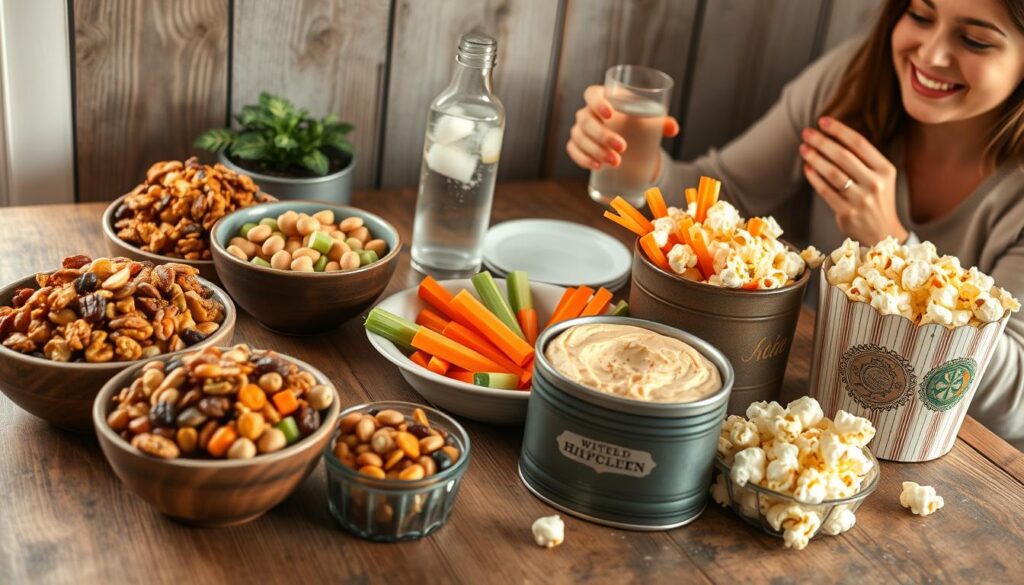 A cozy kitchen scene, with a rustic wooden table showcasing an array of budget-friendly snack ideas: - Bowls brimming with crunchy trail mix, featuring roasted nuts, dried fruit, and a sprinkle of seeds - A plate of vibrant veggie sticks - carrots, celery, and cucumber - accompanied by a creamy, homemade hummus dip - A vintage-inspired tin filled with fluffy, golden popcorn, a classic and economical snack - Beside the snacks, a friend sits nearby, sipping a refreshing glass of infused water, their face aglow with delight Warm, natural lighting casts a cozy glow, and the composition is framed by a rustic, weathered wooden background, creating an inviting and down-to-earth atmosphere.