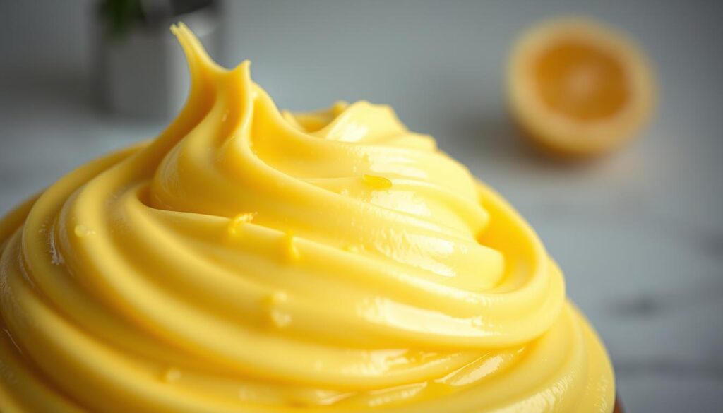 A creamy, vibrant lemon cake batter swirls and ripples in a tempting display, captured in a close-up, high-resolution photograph. The batter glistens under soft, diffused lighting, revealing its silky, velvety texture. Droplets of lemon zest and a hint of frothy, whipped egg whites add delicate touches of color and depth. The composition places the batter in the foreground, filling the frame with its luscious, golden hue, while a blurred, out-of-focus background suggests a pristine, minimalist kitchen setting. The overall mood is one of indulgence, anticipation, and the promise of a perfectly moist and flavorful lemon cake to come.