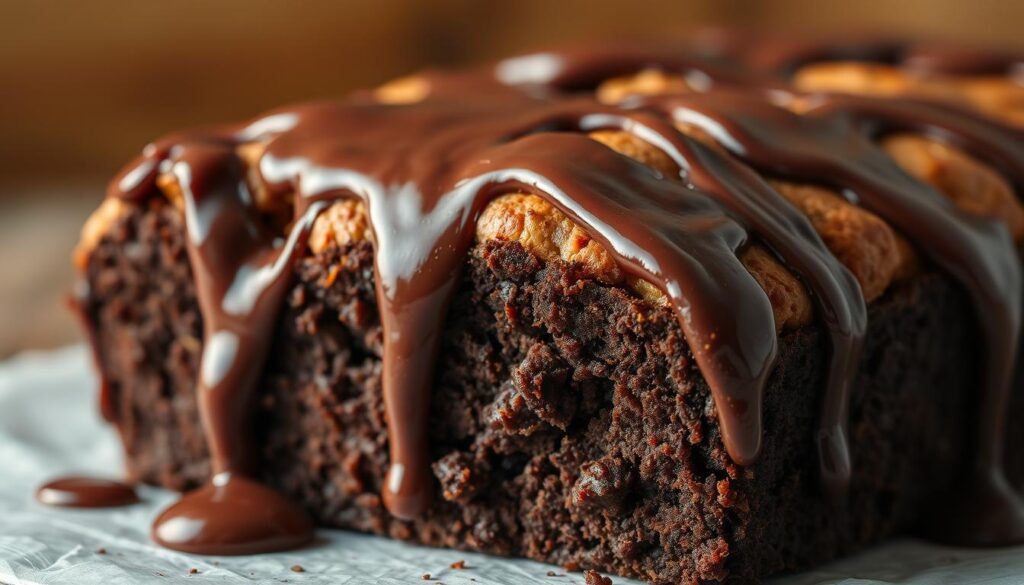 A decadent, freshly baked hot fudge brownie bread, its dense, moist texture and rich chocolate aroma filling the frame. Thick, gooey fudge sauce cascades over the top, dripping down the sides, creating a tempting, indulgent presentation. The warm, golden-brown crust contrasts beautifully with the dark, fudgy interior, inviting the viewer to imagine the satisfying, melty bite. Soft, diffused lighting from above casts a cozy, homemade ambiance, while a slight angle and close-up composition emphasizes the bread's luscious, tempting qualities. The overall scene exudes a sense of comforting, irresistible decadence, perfectly capturing the essence of this delectable treat.