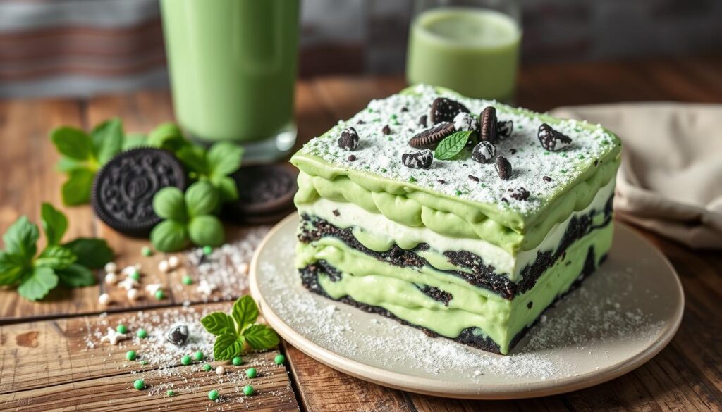 A delectable St. Patrick's Day dessert showcased on a rustic wooden table. In the foreground, a layered "Shamrock Shake Dessert Lasagna" with vibrant green mint-infused cream, crumbled Oreo cookies, and a dusting of powdered sugar. Surrounding the dessert, an arrangement of fresh mint leaves, shamrock-shaped sprinkles, and a glass of creamy green milkshake. Soft, diffused lighting illuminates the scene, creating a cozy, inviting atmosphere. The composition is balanced, with the dessert as the central focus, complemented by the simple yet elegant table setting. This tempting display evokes the festive spirit of St. Patrick's Day, perfectly suited for the "Serving Suggestions and Pairings" section of the article.