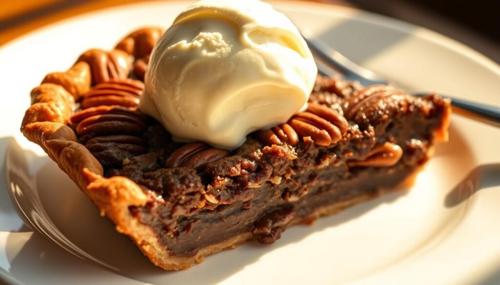 A delectable Texas chocolate pecan pie, its flaky crust adorned with glistening pecans, rests on a pristine white plate. A generous scoop of rich vanilla ice cream crowns the dessert, its creamy texture providing a delightful contrast to the pie's decadent filling. The scene is bathed in warm, natural lighting, casting a golden glow and emphasizing the tempting layers of the pie. The composition is centered, allowing the viewer to fully appreciate the mouthwatering details of this classic Southern treat, ready to be savored and enjoyed.