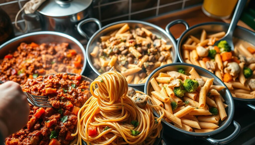 A delectable array of one-pot pasta dishes, featuring a vibrant mix of colorful vegetables, tender meats, and aromatic herbs. In the foreground, a steaming pot of spaghetti bolognese, the rich tomato sauce and tender ground beef beckoning to be twirled around a fork. Beside it, a creamy mushroom stroganoff, the thick, savory sauce coating each strand of penne. In the background, a bubbling pot of chicken and broccoli alfredo, the creamy sauce coating the penne, with tender chicken and vibrant broccoli florets. Overhead, the warm, comforting lighting sets the mood, while a stainless steel pot and utensils add a touch of rustic elegance. A friend's hand reaches in, eagerly anticipating a bite of these delicious one-pot wonders. - Spaghetti Bolognese - Mushroom Stroganoff - Chicken and Broccoli Alfredo