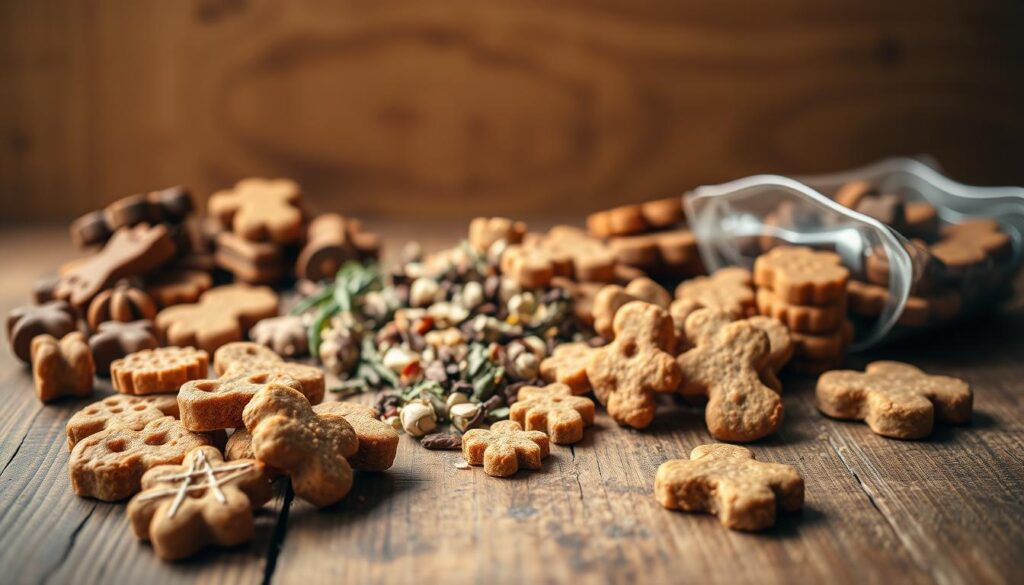 A delectable assortment of homemade cat treats on a rustic wooden surface. The treats are arranged in an appealing display, showcasing their handcrafted nature. Soft, natural lighting illuminates the scene, highlighting the vibrant colors and textures of the treats. In the foreground, various shapes and sizes of treats, such as savory bites and crunchy biscuits, are carefully positioned. The middle ground features a scattering of natural ingredients like catnip, dried meat, and herbs, hinting at the wholesome, homemade recipe. The background is a warm, earthy tone, creating a cozy, inviting atmosphere. The overall impression is one of a lovingly prepared, healthy snack for beloved feline companions.