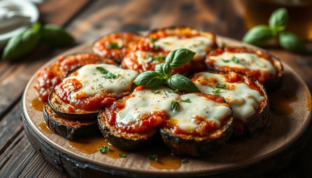 A delectable low-carb eggplant parmesan dish, captured in a warm, inviting manner. The eggplant slices, breaded and pan-fried to a golden crisp, are layered with a rich, homemade tomato sauce and creamy, melted mozzarella cheese. The dish is presented on a rustic wooden table, with a scattering of fresh basil leaves and a drizzle of olive oil adding vibrant pops of color and flavor. Soft, directional lighting casts a cozy glow, highlighting the dish's irresistible textures and aromas. The overall scene conveys a comforting, homemade feel, perfect for a satisfying low-carb dinner.
