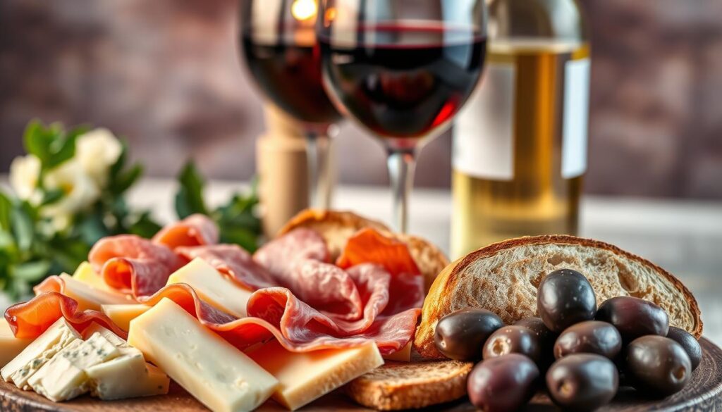 A delectable still life capturing the essence of Italian wine pairings. In the foreground, an array of gourmet Italian delicacies artfully arranged: - Wedges of creamy Gorgonzola cheese - Slices of prosciutto di Parma, glistening with a hint of olive oil - Rustic bread, its crust tinted golden by the warm lighting - Olives, their deep purple hues complementing the vibrant red of a full-bodied Chianti. In the middle ground, two wineglasses, one filled with the rich, ruby-colored Chianti, the other with a crisp, pale-golden Pinot Grigio. A sense of balance and harmony pervades the scene, inviting the viewer to savor the perfect pairing of food and wine. The background is softly blurred, suggesting a cozy, intimate setting, perhaps a candlelit table or a picturesque Italian countryside. The overall mood is one of indulgence, sophistication, and the joy of la dolce vita.
