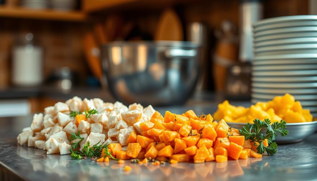 A delightful scene of homemade cat meals, captured in a warm, cozy kitchen. On the countertop, a variety of fresh ingredients are artfully arranged: diced chicken, grated carrots, mashed sweet potatoes, and a sprinkle of herbs. The lighting is soft and natural, casting a gentle glow over the scene. In the background, a stainless steel mixing bowl and a stack of clean, white bowls suggest the process of preparing these wholesome, homemade dishes for a feline companion. The overall mood is one of care, attention to detail, and a dedication to providing the best possible nutrition for a beloved pet.