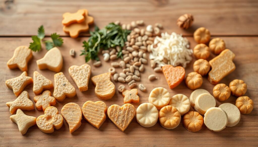 A flat-lay arrangement of homemade cat treats on a rustic wooden surface. In the foreground, an assortment of bite-sized, homemade cat treats in various shapes and colors, such as fish-shaped, heart-shaped, and round bites. The treats are made from natural ingredients like tuna, chicken, and catnip. In the middle ground, a few whole ingredients like fresh herbs, shredded meat, and cat kibble are scattered around the treats. The background features a simple, uncluttered wooden table or board with a subtle wood grain texture, creating a warm, natural atmosphere. The lighting is soft and diffused, casting gentle shadows and highlights on the treats, conveying a sense of wholesomeness and homemade appeal.