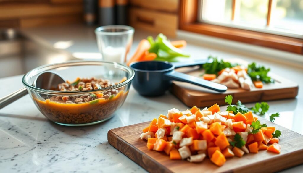 A kitchen counter showcases an array of freshly prepared homemade cat food ingredients. In the foreground, a bowl of wholesome, nutrient-dense wet food made with high-quality proteins, vegetables, and supplements sits alongside a scoop and measuring cups. In the middle ground, a cutting board displays diced chicken, diced carrots, and chopped parsley, ready to be incorporated into the homemade meal. The background features a window providing natural lighting, casting a warm glow over the scene and highlighting the healthy, homemade nature of the cat's dietary transition. The overall atmosphere conveys a sense of care, attention to detail, and a commitment to providing the best possible nutrition for the feline companion.