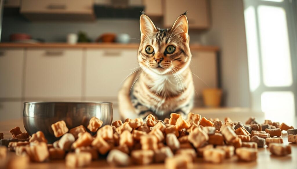 A mischievous tabby cat sits amidst a jumble of cat treats, some scattered, others spilled from a bowl. The scene is bathed in warm, natural lighting, highlighting the cat's inquisitive expression and the rich textures of the treats. In the background, a neutral, slightly blurred kitchen environment suggests a homely, domestic setting. The overall mood conveys a sense of playful problem-solving, as if the cat is troubleshooting the best way to enjoy the tasty treats. The composition and camera angle create a charming, up-close perspective, drawing the viewer into the feline's world.