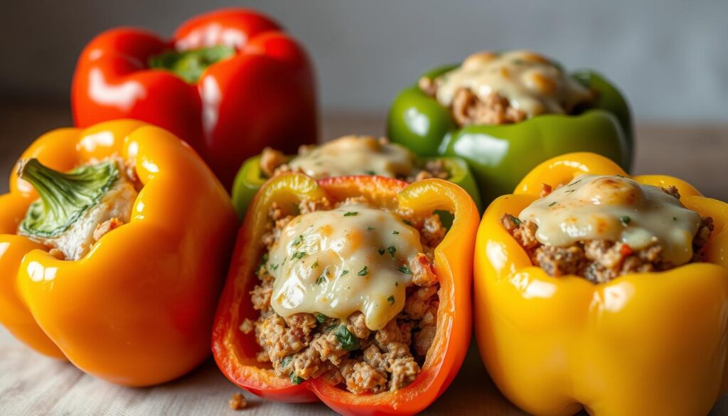A mouth-watering arrangement of vibrant bell peppers, their ruby-red, emerald-green, and sunny-yellow hues glistening under warm, soft lighting. The peppers are halved and stuffed to the brim with a savory, herb-infused ground meat mixture, topped with melted, bubbly cheese. The dish is set against a neutral background, highlighting the peppers' striking colors and inviting textures. The scene exudes a cozy, homemade atmosphere, perfect for a low-carb, nourishing weeknight dinner.