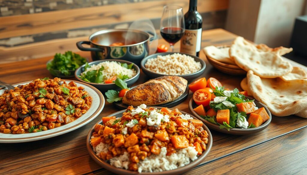 A mouthwatering spread of global cuisine, delightfully arranged on a rustic wooden table. In the foreground, a platter of aromatic curried lentils, simmered to perfection. Beside it, a fragrant Moroccan chicken tagine, its tender meat falling off the bone. Roasted sweet potatoes, their caramelized edges glistening, nestle alongside a vibrant salad of mixed greens, juicy tomatoes, and crumbled feta. In the background, a steaming pot of fragrant basmati rice, its fluffy grains ready to soak up the flavorful sauces. Warm, freshly baked naan bread rests invitingly, ready to be torn and shared. A bottle of rich, red wine and a smiling friend complete the cozy, family-friendly scene, illuminated by the warm glow of pendant lighting.
