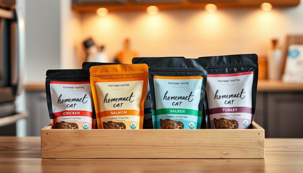 A neatly arranged scene of a wooden crate filled with various homemade cat food pouches, including flavors like chicken, salmon, and turkey. The crate is set against a blurred background of a cozy, modern kitchen with warm lighting, conveying a sense of convenience and care. The cat food pouches feature clean, minimalist packaging design with bold colors and cursive text, hinting at the premium, artisanal nature of the products. The overall composition exudes a mood of trust, quality, and attention to the feline customer's needs.