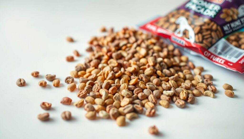 A neatly arranged spread of various dry cat food kibbles, including a range of flavors and formulas, resting on a clean, light-colored surface. The food is sharply in focus, with a soft, diffused lighting creating gentle shadows and highlights that accentuate the texture and shapes of the individual pieces. The background is slightly blurred, creating a sense of depth and focus on the primary subject. The overall composition is clean, minimalist, and visually appealing, showcasing the dry cat food in a manner that reflects its nutritional qualities and suitability for a feline diet.