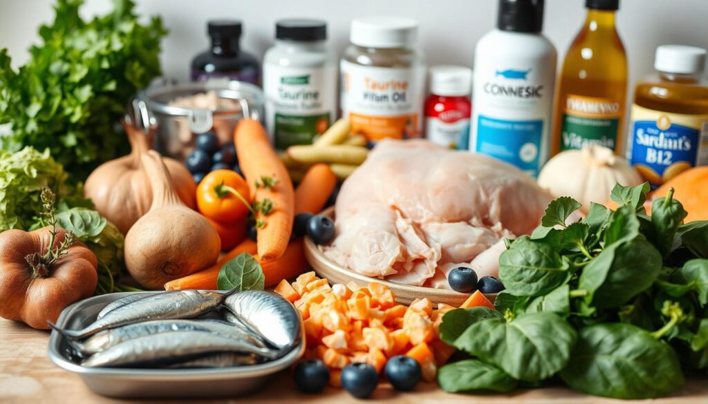 A neatly arranged still life showcasing the essential ingredients for homemade cat food. In the foreground, an assortment of fresh, high-quality proteins such as boneless, skinless chicken, ground turkey, and sardines in water. In the middle ground, various nutrient-dense vegetables and fruits like sweet potatoes, carrots, blueberries, and spinach. In the background, a selection of healthy supplements like taurine, vitamin B12, and omega-3 fish oil capsules. The lighting is soft and natural, highlighting the vibrant colors and textures of the ingredients. The camera angle is slightly elevated, creating a visually appealing and appetizing composition.
