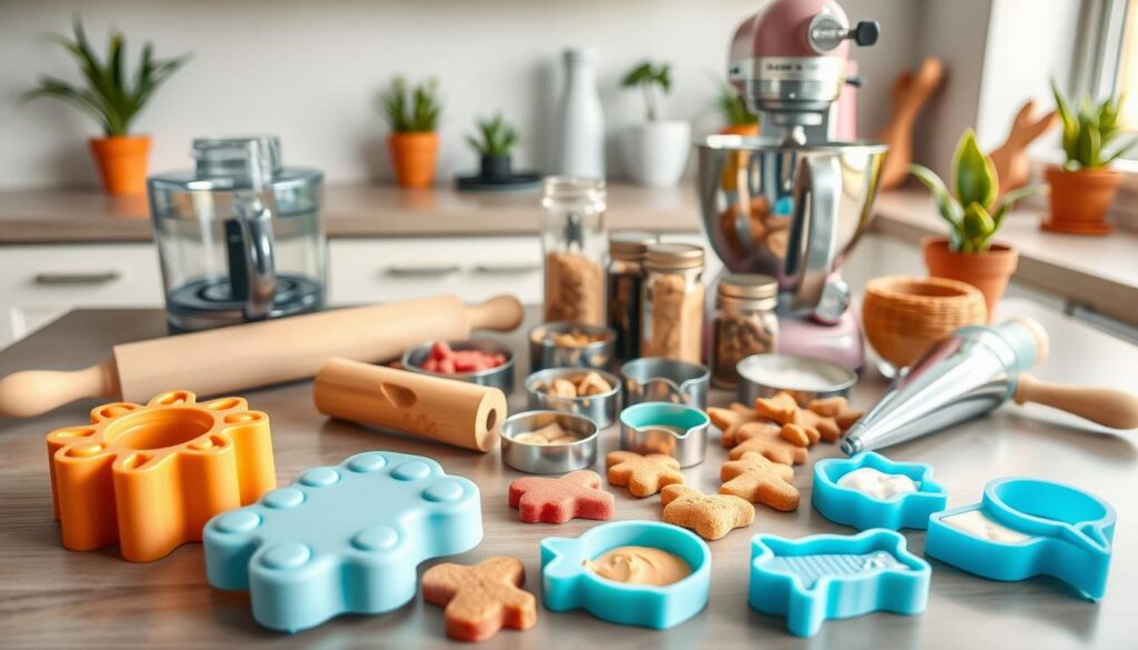 A neatly arranged table top showcases an assortment of DIY cat treat making equipment. In the foreground, silicone baking molds in whimsical shapes like paws and fish sit alongside a small food processor, a rolling pin, and a set of cookie cutters. In the middle ground, a stand mixer with various attachments, a piping bag, and a selection of spices and herbs used for flavoring the treats. The background features a clean, well-lit kitchen counter with a few potted plants, creating a fresh, homey atmosphere. The overall scene conveys a sense of care and attention to detail, perfect for crafting tasty, homemade treats for a beloved feline companion.