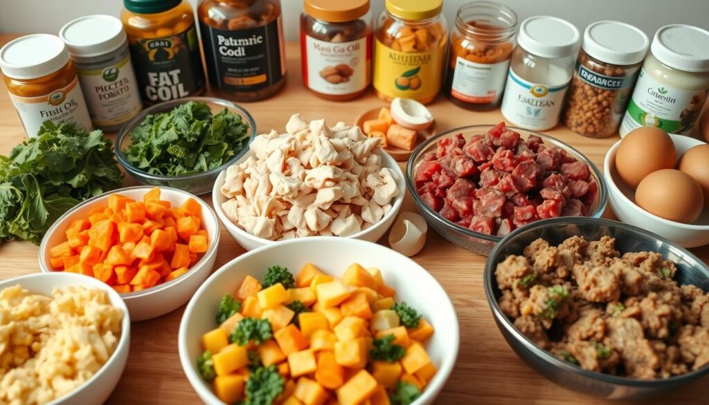 A neatly arranged table top showcasing an assortment of natural, whole food ingredients for homemade cat meals. In the foreground, various bowls contain high-quality protein sources such as shredded chicken, diced turkey, and ground beef. In the middle ground, colorful vegetables like diced carrots, chopped kale, and mashed sweet potatoes are displayed. In the background, jars of supplements like fish oil, probiotics, and eggshells create a balanced and comprehensive spread. The lighting is soft and natural, highlighting the fresh, wholesome nature of the ingredients. The overall scene conveys a sense of care, attention to detail, and a commitment to feline health and nutrition.
