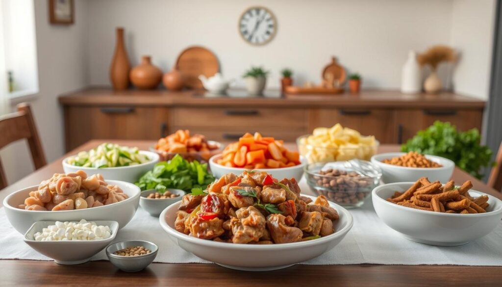 A neatly arranged table with various homemade cat food ingredients, including bowls of freshly cooked meat, chopped vegetables, and a selection of natural supplements. The lighting is warm and soft, accentuating the earthy tones of the dishes. In the background, a clean, minimalist kitchen setting with neutral-colored walls and a few decorative elements, creating a calming and inviting atmosphere. The composition emphasizes the simplicity and healthiness of the homemade cat food recipes, reflecting the title "Easy Homemade Cat Food Recipes".