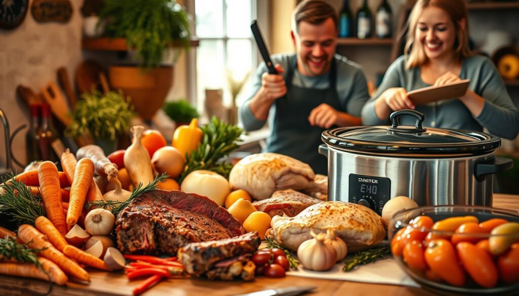 A rustic kitchen counter, warm light cascading over an array of slow cooker ingredients: - Hearty root vegetables like carrots, potatoes, and onions - Savory meats such as tender beef brisket and juicy chicken thighs - Fragrant herbs and spices, including rosemary, thyme, and garlic - A splash of rich, full-bodied red wine - A trusty slow cooker, its ceramic insert gleaming, ready to transform these humble elements into a comforting feast A cheerful friend eagerly chopping alongside, anticipating the mouthwatering meal to come. The scene exudes the warmth and simplicity of hassle-free slow cooker cooking.