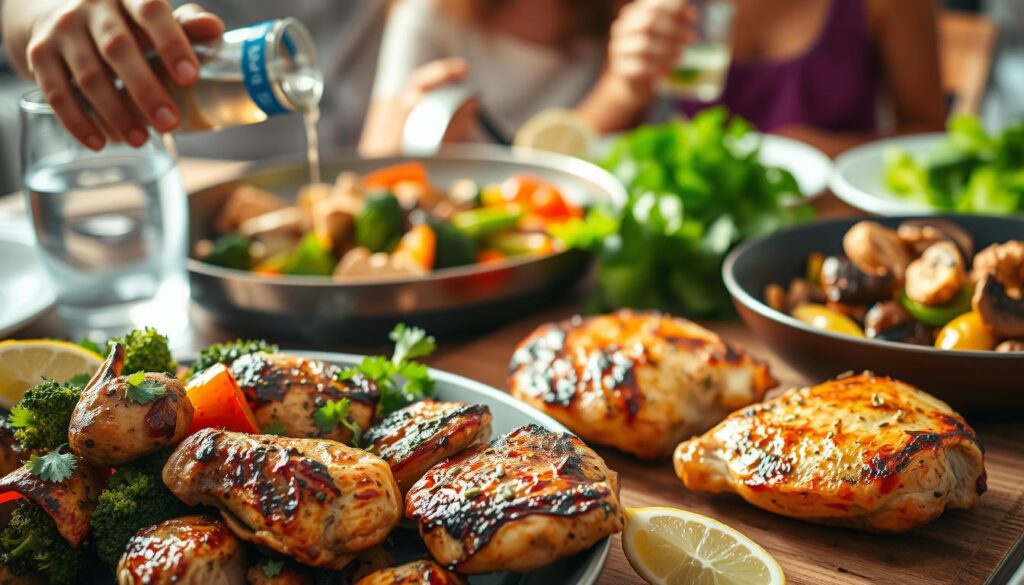 A scrumptious family-style dinner showcasing a variety of healthy chicken recipes. In the foreground, juicy grilled chicken thighs are garnished with fresh herbs and lemon wedges, while a sizzling pan of roasted vegetables, including tender broccoli florets, vibrant bell peppers, and earthy mushrooms, takes center stage. In the background, a hearty chicken and vegetable stir-fry is being prepared, with the aroma of fragrant ginger and garlic wafting through the air. A crisp green salad with a light vinaigrette dressing adds a refreshing touch to the spread. A friendly family member pours a glass of chilled water, completing the wholesome and inviting scene, bathed in warm, natural lighting. Prompt