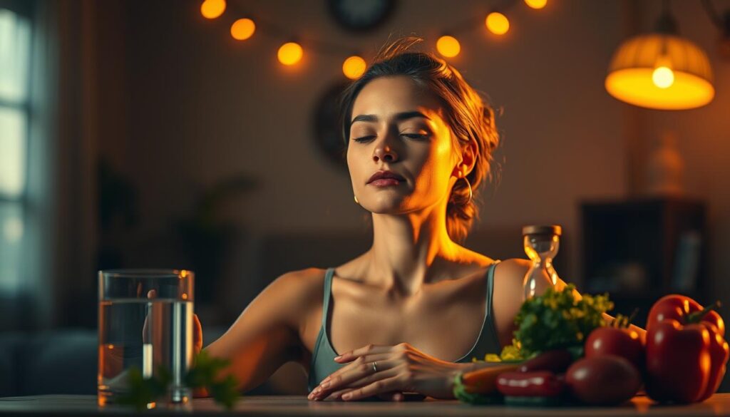 A serene, dimly-lit room with warm, golden lighting illuminating a person in a meditative pose, surrounded by symbols of intermittent fasting benefits like a glass of water, an hourglass, and healthy fruits and vegetables. The focus is on the person's face, conveying a sense of calm introspection and newfound vitality. The background is blurred, emphasizing the person's thoughtful expression. The overall atmosphere evokes a peaceful, introspective mood associated with the potential challenges and solutions of adopting an intermittent fasting lifestyle.