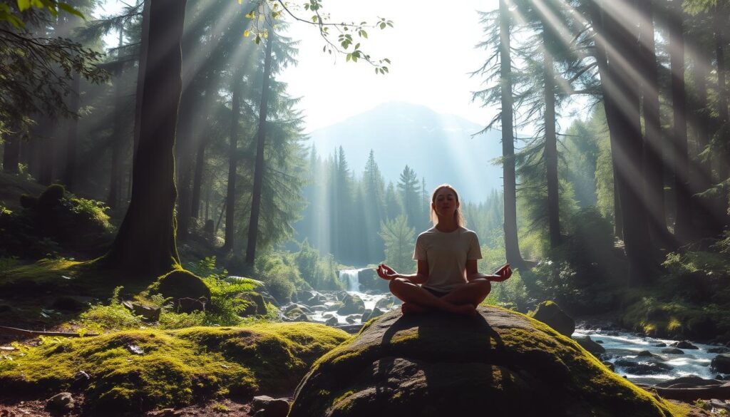 A serene forest glade bathed in soft, diffused natural lighting. In the foreground, a person sits cross-legged on a moss-covered rock, their eyes closed in deep, focused meditation. Beams of light filter through the canopy above, creating a peaceful, almost ethereal atmosphere. The middle ground features lush, verdant foliage and the gentle flow of a nearby stream. In the background, distant mountains rise, their peaks capped with snow. An overwhelming sense of calm and tranquility pervades the scene, conveying the profound benefits of mindfulness and meditation.