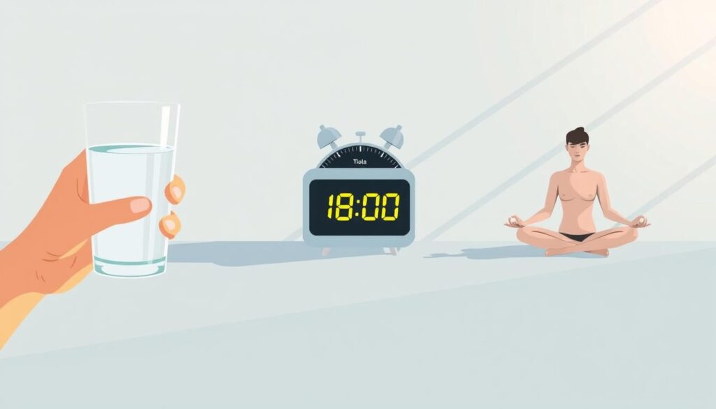A serene, minimalist illustration showcasing three common intermittent fasting methods for beginners. In the foreground, a person's hands holding a glass of water, symbolizing the 16:8 fasting protocol. In the middle ground, a digital clock displaying 12:00, representing the 24-hour fasting approach. In the background, a person meditating, conveying the 5:2 fasting method's emphasis on mental well-being. The scene is bathed in soft, natural lighting, creating a calming, approachable atmosphere to educate and inspire intermittent fasting newcomers.