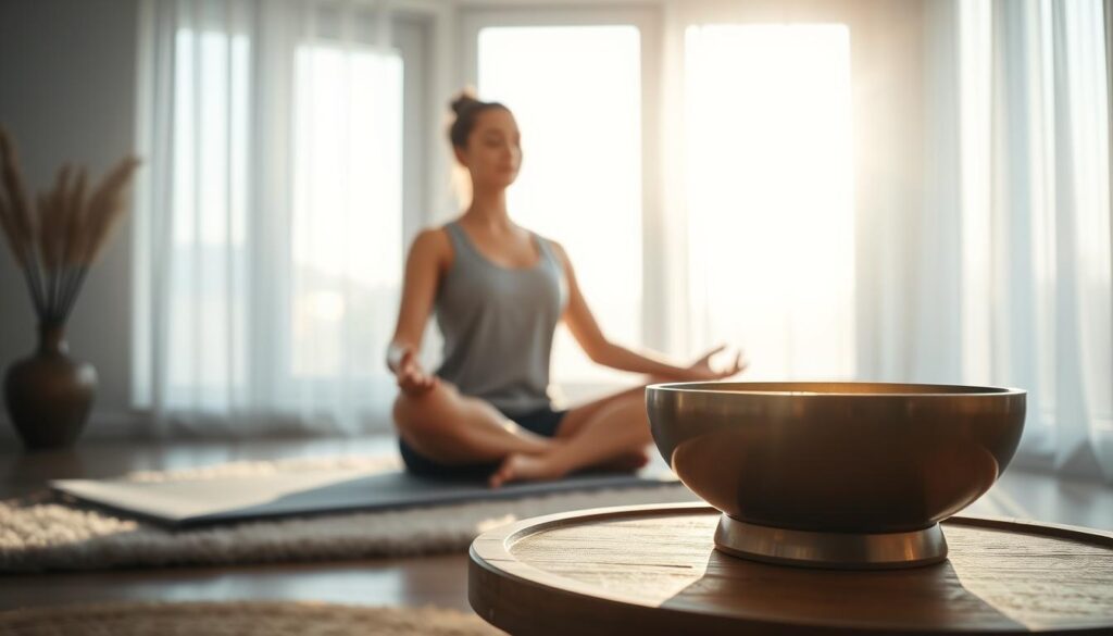 A serene morning scene of a person sitting cross-legged on a plush yoga mat, eyes closed in meditation. Soft natural light filters in through large windows, casting a warm, diffused glow. In the foreground, a crystal singing bowl rests on a wooden side table, its surface reflecting the gentle rays. The background features a minimalist, Zen-inspired interior with neutral tones and natural textures, creating a calming, mindful ambiance. The overall composition evokes a sense of tranquility and focus, perfectly capturing the essence of morning mindfulness practices.
