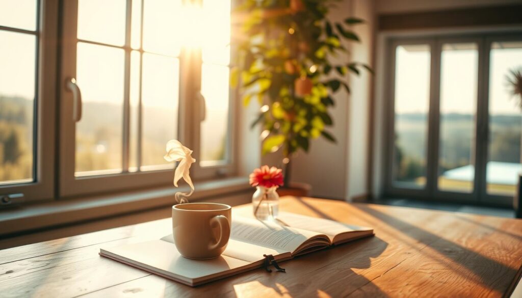 A serene morning scene with warm, golden sunlight streaming through large windows, illuminating a neatly arranged still life. In the foreground, a wooden table holds a steaming mug of coffee, an open journal, and a single, vibrant flower in a minimalist vase. Behind, a lush, green houseplant stands tall, casting soft shadows. The background features a blurred, peaceful outdoor landscape, hinting at the promise of a productive, inspired day ahead. The overall atmosphere radiates tranquility, focus, and a sense of intentional, mindful living.