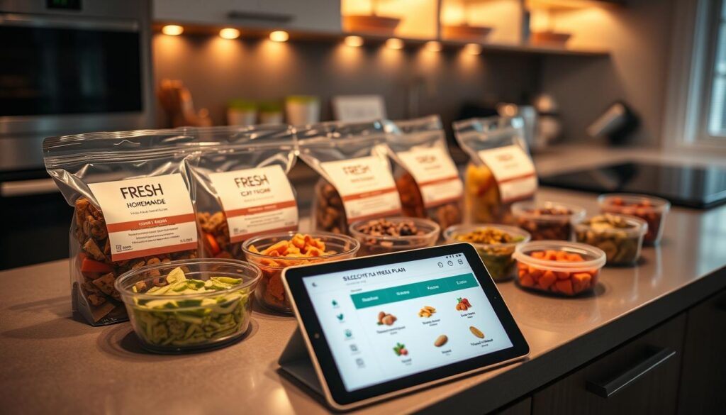 A sleek, modern kitchen counter with an assortment of fresh, homemade cat food containers arranged neatly. The food is presented in various flavors and textures, with healthy, natural ingredients visible through the transparent packaging. A tablet device on the counter displays a customizable meal plan, allowing the owner to select and schedule deliveries of their cat's preferred recipes. Warm, indirect lighting casts a cozy, inviting atmosphere, while the overall scene conveys a sense of convenience, quality, and care for the cat's nutritional needs.