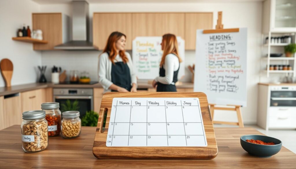 A sleek, well-organized meal planning station with a mix of modern and rustic elements. In the foreground, a wooden cutting board displays a handwritten weekly meal plan, accompanied by neatly arranged ingredients in labeled glass jars. In the middle ground, a whiteboard showcases colorful, playful headings for each day's menu, while a close friend stands nearby, offering suggestions. The background features a minimalist, light-filled kitchen with natural wood accents and a tidy spice rack, creating a warm, inviting atmosphere conducive to collaborative meal preparation.