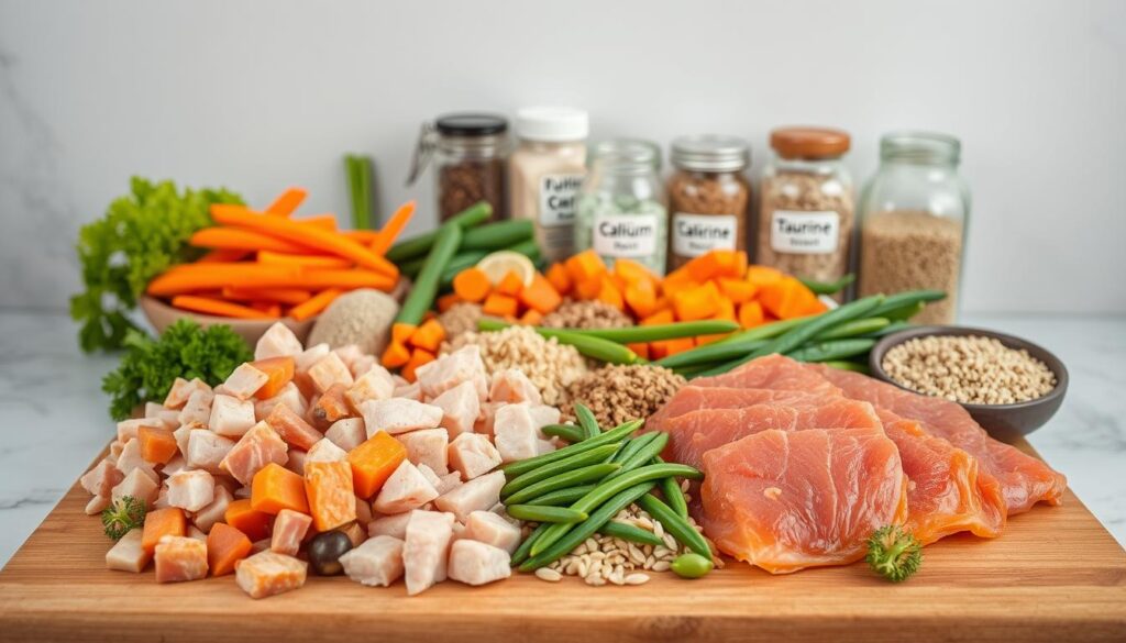 A still life arrangement showcasing a variety of healthy, homemade cat food ingredients. In the foreground, an assortment of fresh meats such as diced chicken, ground turkey, and thinly sliced salmon, placed on a wooden cutting board. In the middle ground, an array of colorful vegetables including diced carrots, green beans, and sweet potatoes, alongside whole grains like brown rice and quinoa. In the background, glass jars containing supplements like calcium, taurine, and vitamin E, set against a neutral, minimalist backdrop to emphasize the natural, unprocessed nature of the ingredients. The lighting is soft and natural, highlighting the textures and colors of the components. The overall scene conveys a sense of wholesomeness and nutritional balance, suitable for a healthy homemade cat food recipe.