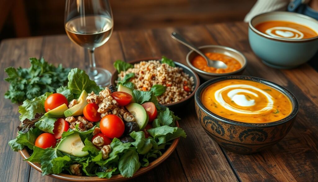 A vibrant and appetizing vegetarian dinner scene set on a rustic wooden table. In the foreground, a fresh and colorful salad overflows with an assortment of seasonal greens, cherry tomatoes, sliced avocado, and toasted nuts. Alongside, a tantalizing quinoa and roasted vegetable medley, seasoned with herbs and drizzled with a light citrus dressing. In the background, a steaming bowl of creamy lentil and roasted red pepper soup, garnished with a swirl of yogurt. Soft, ambient lighting illuminates the scene, creating a cozy and inviting atmosphere. A glass of chilled white wine and a friend's smiling face complete the serene, nourishing tableau. Prompt