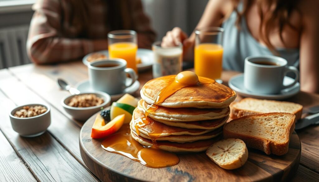 A vibrant and cozy breakfast scene, featuring a rustic wooden table laden with a delightful array of budget-friendly breakfast items. In the foreground, a platter showcases a stack of fluffy pancakes drizzled with honey, accompanied by golden-brown toast, fresh fruit slices, and a small bowl of granola. In the middle ground, a glass of freshly squeezed orange juice and a mug of steaming coffee sit alongside a simple yet satisfying egg dish. The background is softly blurred, creating a warm and inviting atmosphere. The lighting is natural and diffused, casting a gentle glow over the scene. A friendly companion, perhaps a family member or roommate, is seated at the table, adding a sense of camaraderie to the composition.