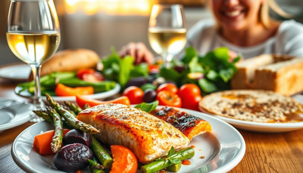 A vibrant and healthy dinner spread, featuring a mouthwatering array of delectable dishes. In the foreground, a plate showcases a beautifully seared salmon fillet, complemented by a colorful medley of roasted vegetables - crisp asparagus, tender carrots, and earthy beets. A side salad with fresh greens, juicy cherry tomatoes, and a tangy vinaigrette adds a refreshing touch. In the middle ground, a glass of chilled white wine and a warm, crusty loaf of artisanal bread set the stage for a cozy, intimate gathering. The background is bathed in a soft, golden light, creating a welcoming atmosphere. A friend's smiling face completes the scene, inviting the viewer to join in this nourishing and flavorful culinary experience. - Seared salmon fillet - Roasted vegetables (asparagus, carrots, beets) - Fresh green salad with cherry tomatoes - Artisanal bread - Glass of white wine - Friend's smiling face Healthy Dinner Recipes for Busy Weeknights